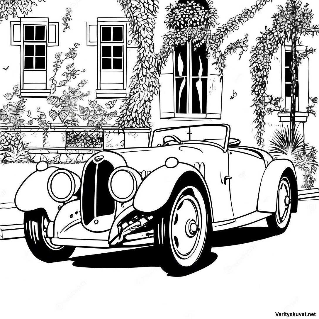 Ilmainen tulostettava Vintage Bugatti Type 35 Värityskuva-värityssivu Autot-kokoelmasta — mustavalkoinen ääriviivapiirros lapsille ja aikuisille.