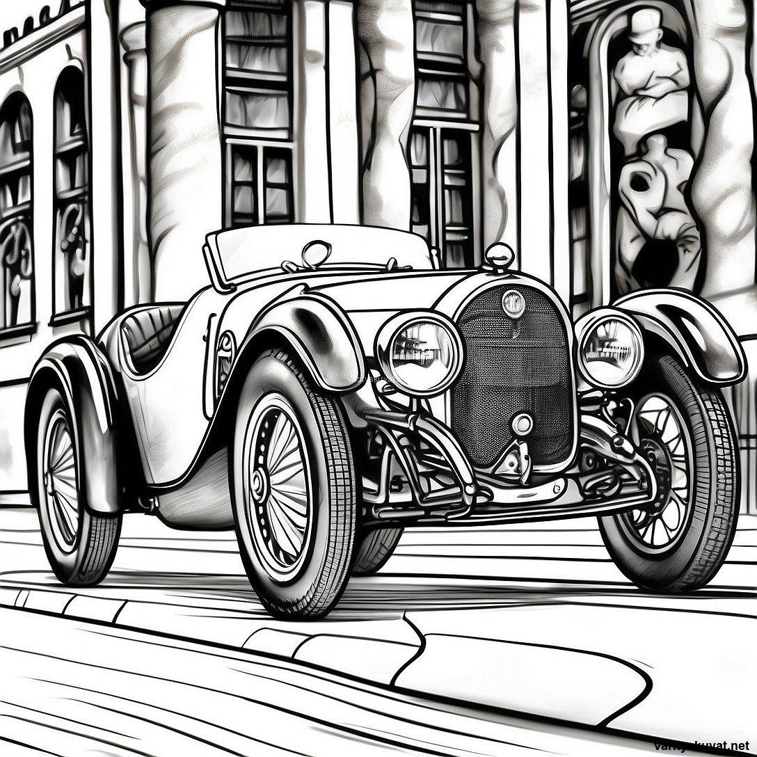 Ilmainen tulostettava Vintage Bugatti Type 35 Värityskuva-värityssivu Autot-kokoelmasta — mustavalkoinen ääriviivapiirros lapsille ja aikuisille.